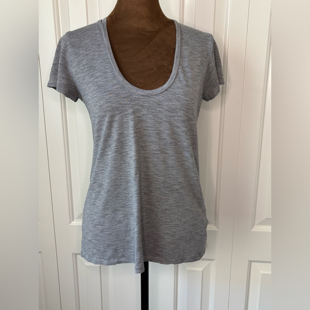 James Perse Gray Striped Short Sleeve Scoopneck Tee